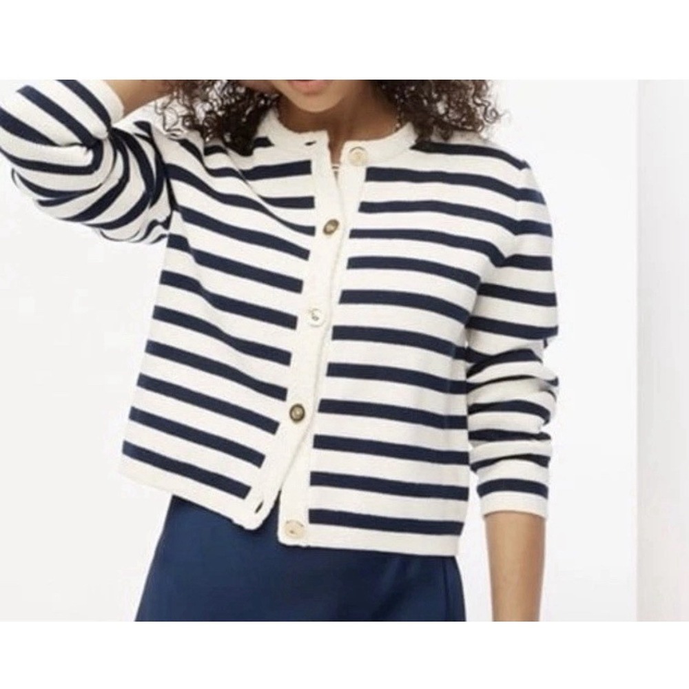 J. Crew XL Cropped Lady Jacket Emily Cardigan White Navy Stripe Gold Buttons